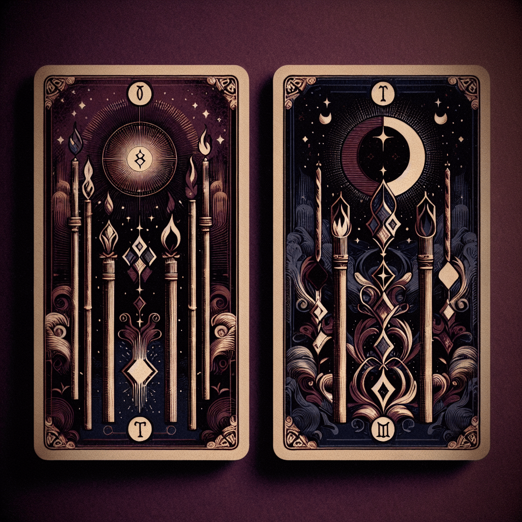 Invertida-vertical-Nueve de Bastos Tarot carta AI-Generated Art